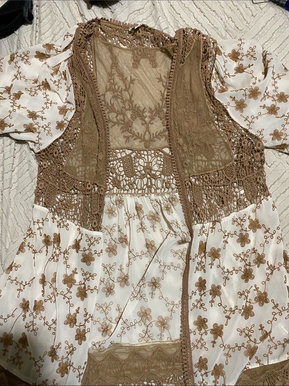 Umgee Cream and Brown Crochet Lace Boho Vest